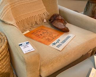 Faux Leather Ottoman,  Arm Chair, Willi Huggler Carved Face
