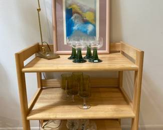 Wood Rolling Cart, Adjustable Floor Lamp, Horse Etching Prints,	MCM Wine Glasses
