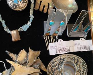 Vintage Brutalist Belt Buckle, Sterling Signed Southwest Earrings, Sterling Blue & Black Earrings