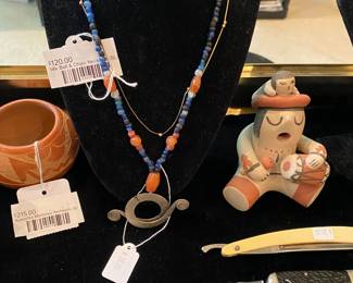 Jan Suchodolski Earring & Brooch Set, 14k Ball & Chain Necklace (BL), Adelphia Martinez redware jar