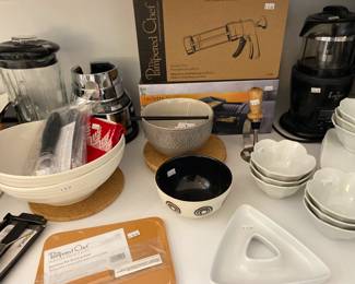 Pacifica Stoneware Noodle Bowl, Pampered Chef Butter Bar Board & Cookie Press