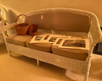 Cushioned wicker sofa, Cushioned wicker sofa, Longaberger basket, Karen Beason prints