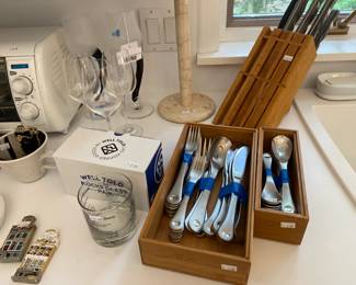 Butcher Block & Knife Set,  Marble Paper Towel Holder, Robert Welch Flatware, Well Told Rocks Glass Pair

