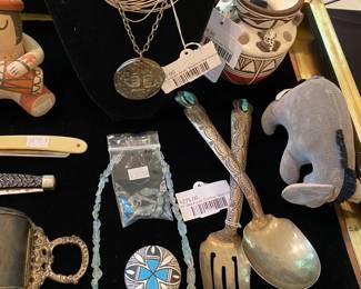 H. Blackgoat Sterling Salad Set, Vtg. Liquid Silver Beaded Necklace, Zuni frog art pottery