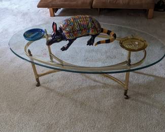 OVAL GLASS TOP COFFEE TABLE WITH SOLID BRASS BASE