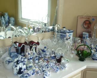 glass baskets and blue and white
