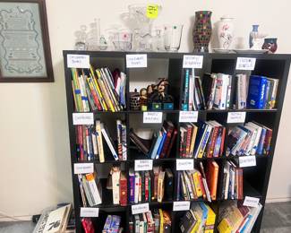 Books, cube shelf, vases