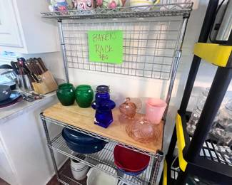 Baker's Rack, pink depression glass, decorative pitchers