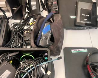 phone chargers, scanner, vintage camcorders