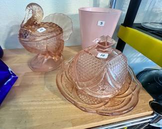 Depression Glass Butter Dish; Depression glass Turkey Candy Dish