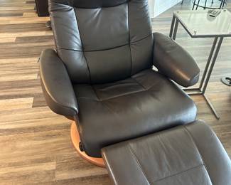 Modern Chair & Footstool by Hjellegjerde - Dark Brown   swivels/semi reclines