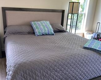 King  Size Main Bedroom Set, Padded Headboard Taupe Linen with Nail Head Trim.  2 Drawer Storage in Foot Board