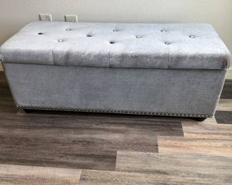 Grey Velveteen Storage Bench, Nail Head Trim, Button Trim on seat.