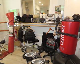 Sports equipment, ballet bar, wave master kick/boxing punch bag, Maxkare pedal machines, coolers, folding stools, stereo, backpacks.