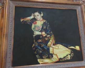 Oil painted portrait on framed mirror.