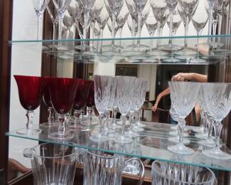 Crystal stemware, ice bucket, pitchers.