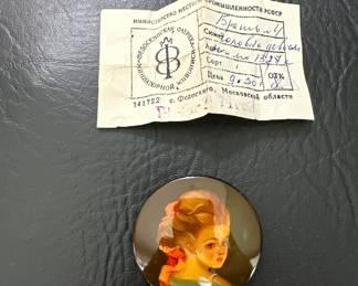Vintage Woman's Jewelry- Russian Hand Painted Laquer Brooch- Sopolovka Girl