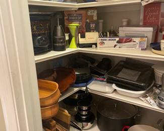 Paper products, Tupperware, small appliances, cast iron, cutting boards