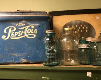 Nice old PepsiCooler, lots of Mason Jars even the 1/2 gallon size! 