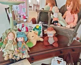 Holly Hobby Knickerbocker Dolls, Baby Chrissy Doll, Linus Doll, Child's Wicker Rocker