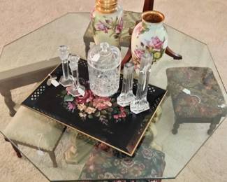 Hexagonal Glass Top Coffee Table, Foot Stools, Lead Crystal, Hand Painted Vases