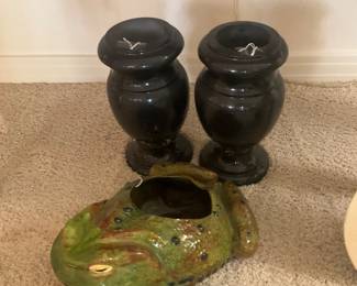 black granite urns and designer frog