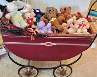 Antique Toy Baby Buggy, Assortment of Stuffed Animals and Bears