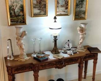 Beautiful Side Table, Hand Painted Art showing the Four Seasons, Crystal Lamp, Pair of Cherub Statues, Granite Urns, Vintage Frog Planter