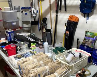 Yard tools, car bike rack, ceramic heater/remote storage totes, folding metal ladder, etc