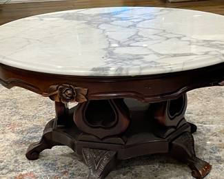 Beautiful vintage round marble top carved wooden table