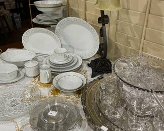 Vintage Noritake China, Duetto pattern, large set.    Vintage Candlewick etched punch bowl with underplate, 24 cups and glass ladle