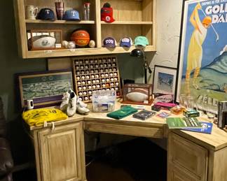 Sports memorabilia.  Masters flags and golf towels, Texas Rangers collectibles.  Dallas Cowboys. Wimbledon Tennis Club.  72 ball wooden holder with a collection of golf balls.