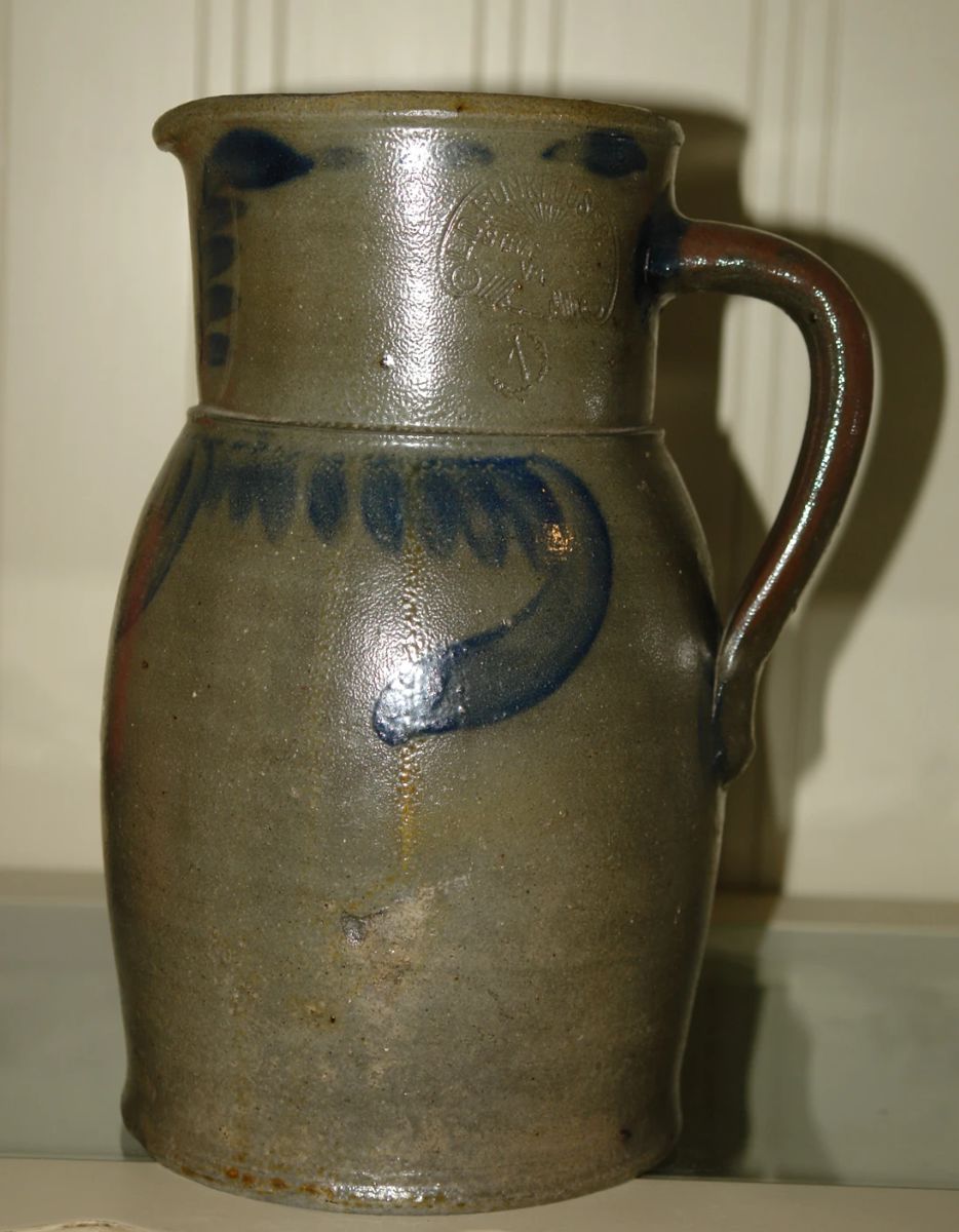 Shenandoah Virginia stoneware pitcher with brushed cobalt design - marked L. D. Funkhouser