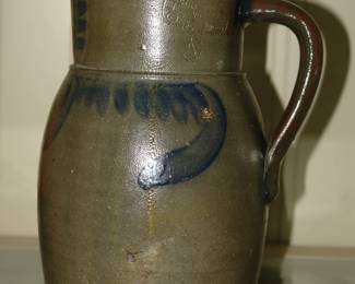 Shenandoah Virginia stoneware pitcher with brushed cobalt design - marked L. D. Funkhouser