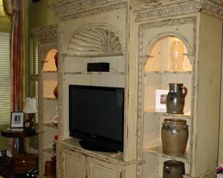 Large distressed painted shelving unit