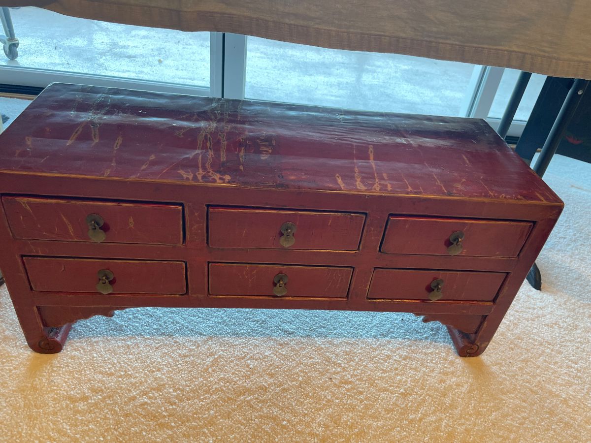 $420 Antique six-drawer Chinese Stationery Desk. 31.75"w X 11.75"d X 14"h. 