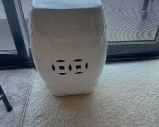 $40 White garden stool. 12" sq. X 17"h. (as found)