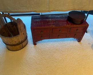 Antique wooden tub with ladle available for in-person shopping Friday and Saturday. Shown with antique Chinese Stationery Chest sold in previous photo