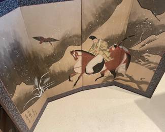 $380 Hand painted screen with owners' marks "Scholar in Snow" 52.5"w X 36"h.