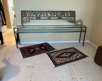 Overview of Chinese temple carving, console table and kilim rugs