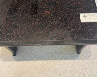 $280 Black lacquer low table with carving. 15.5 X 24 X 10.25”h.