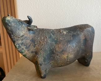 $480 Japanese Modernist cast iron bull sculpture. 9”l X 5.5”h X 2.5”w.