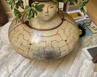 $120 Peruvian ceramic vase/pot with face. Approximately 29" dia. X 28"h (as found) Orig. $500