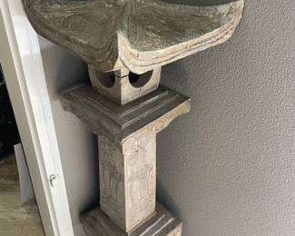 $480 Stone pagoda shown on wood base. Pagoda measures (without base) 14"w X 14.5"d X 42"h.