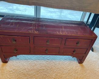 $420 Antique six-drawer Chinese Stationery Desk. 31.75"w X 11.75"d X 14"h.