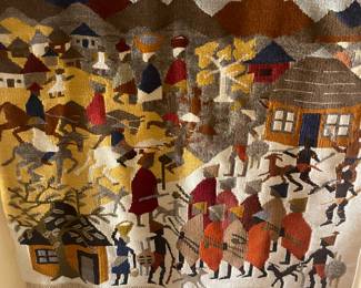 $490 Wool vintage African wall hanging depicting a village scene. 66” X 66”