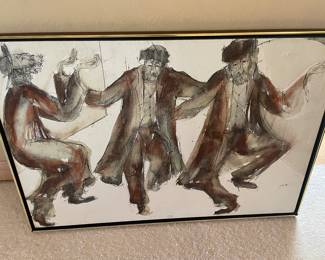 $250 "Three Rabbis Dancing" Original signed art by Polish American artist Moshe Katz. 37"w X 26"h.