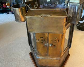 $220 Antique brass Thai Noodle Stand on wood base with wheels. 23"w (at widest point) X 29"h to top of handle.