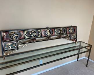 $230 Chinese Temple Carving. 73.5"w X 21"h X 2"d. Shown on console table sold in separate photo.