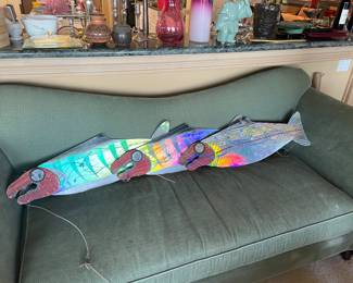 $480 Set of three original salmon sculptures by Buster Simpson. Metal and wood, hand painted, each fish measures 32"l X 10.5"h perfect for hanging inside or outdoors.